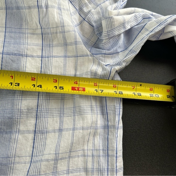 LOFT Plaid Linen Blend Button Blouse Peter Pan Collar Preppy White Blue Spring - Picture 5 of 12